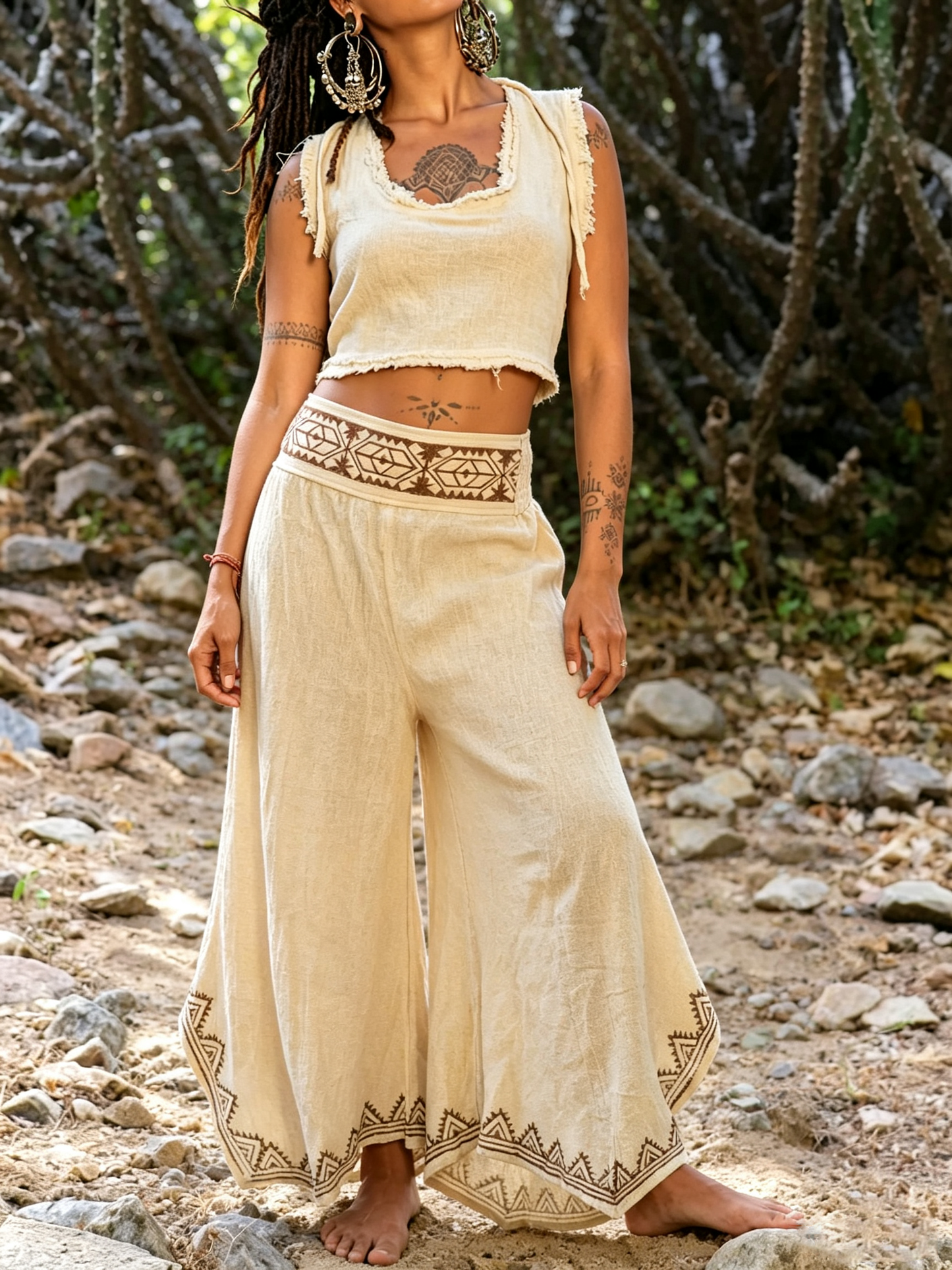 Baumwoll-Crop-Top mit geschnürtem Rücken – natürliches Boho-Tanktop