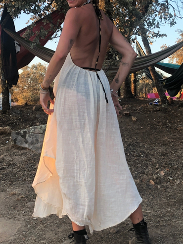 Rückenfreies Kleid aus natürlicher Baumwolle – Gypsy-Kleid mit Leopardenbesatz und Halterneck-Design