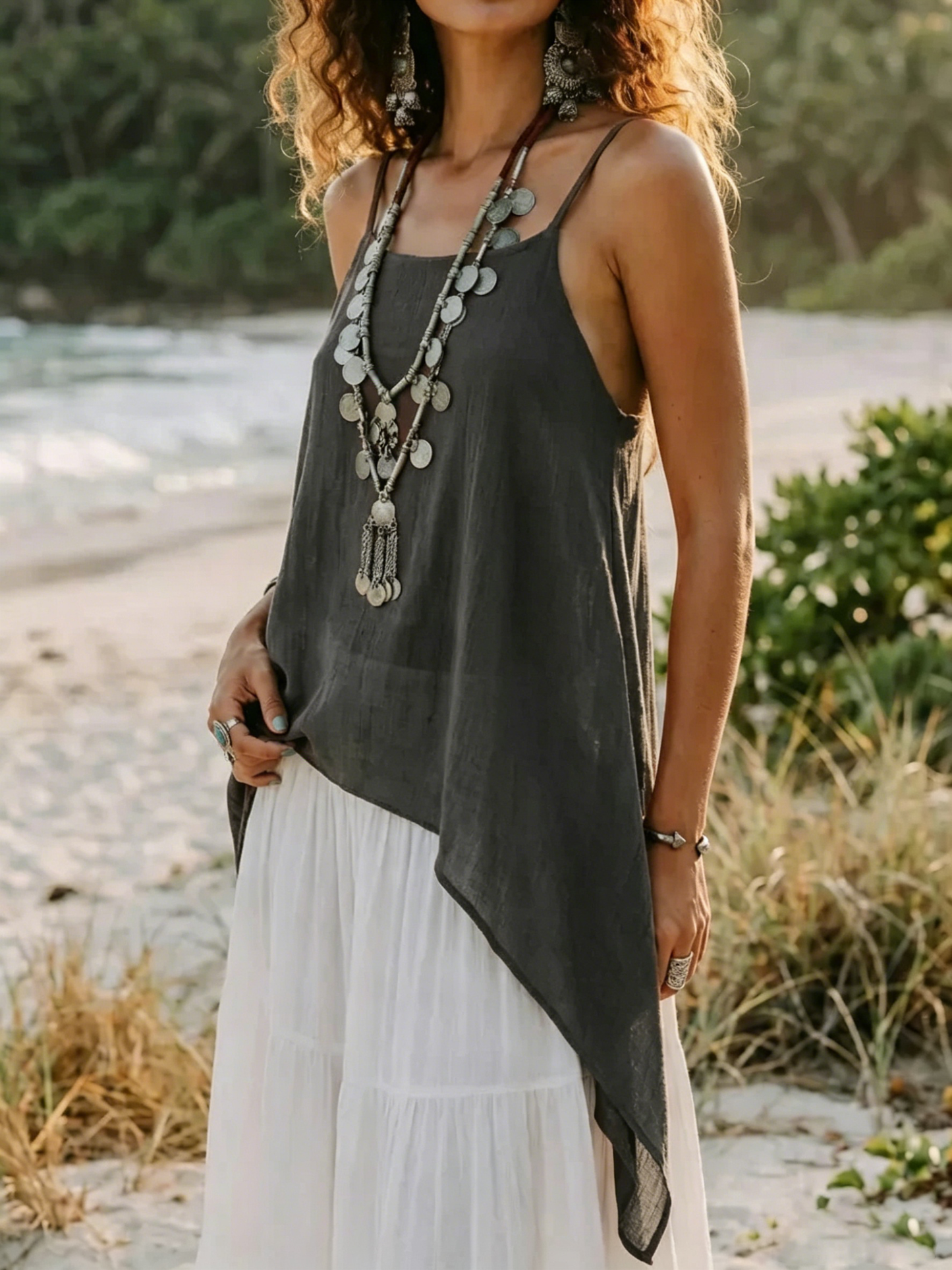 Boho Baumwoll-Cami-Top für Damen /Fließendes asymmetrisches Spaghettiträger-Top
