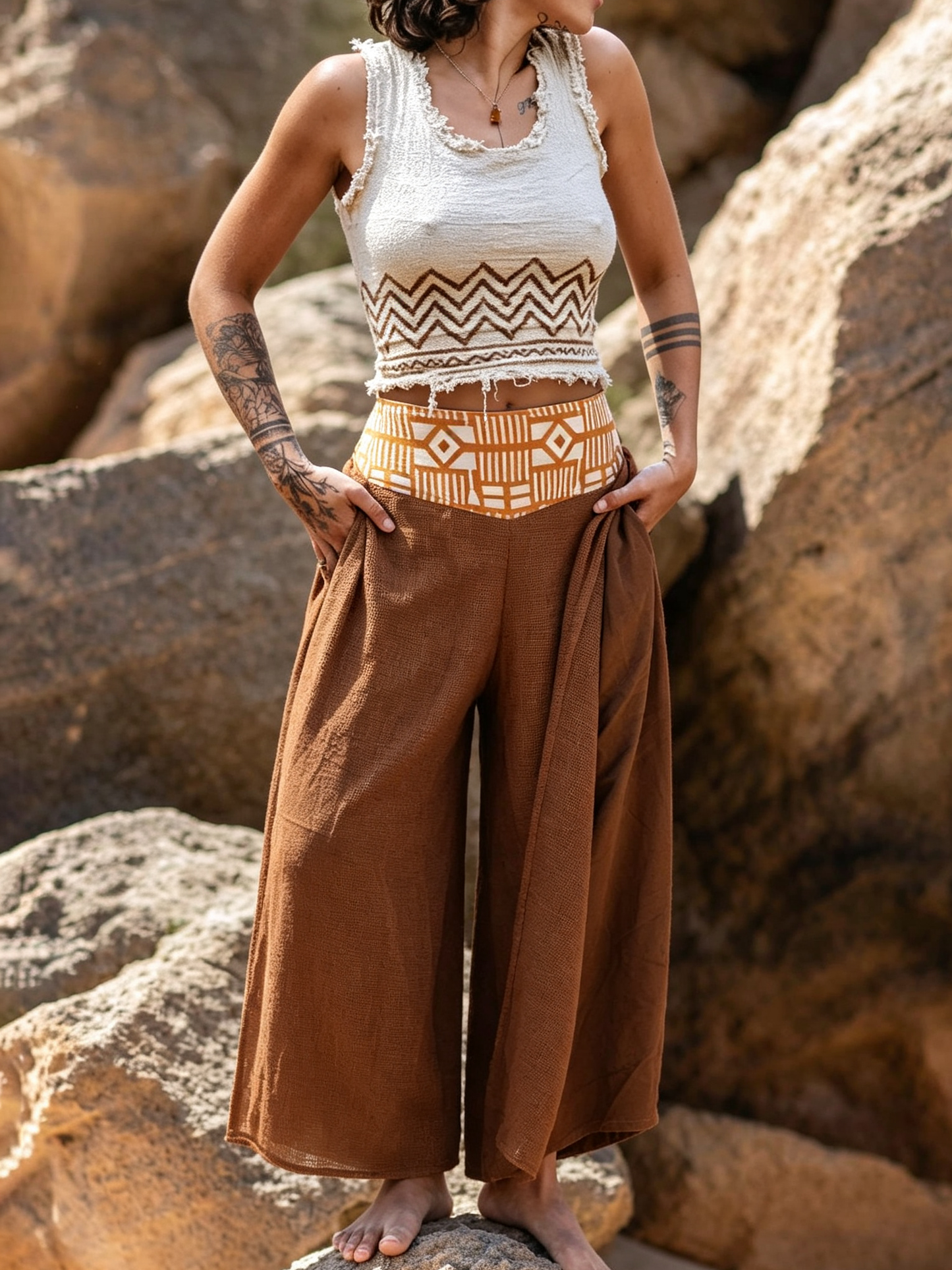 Baumwoll-Tribal Crop Top • Blockprint Earth Top