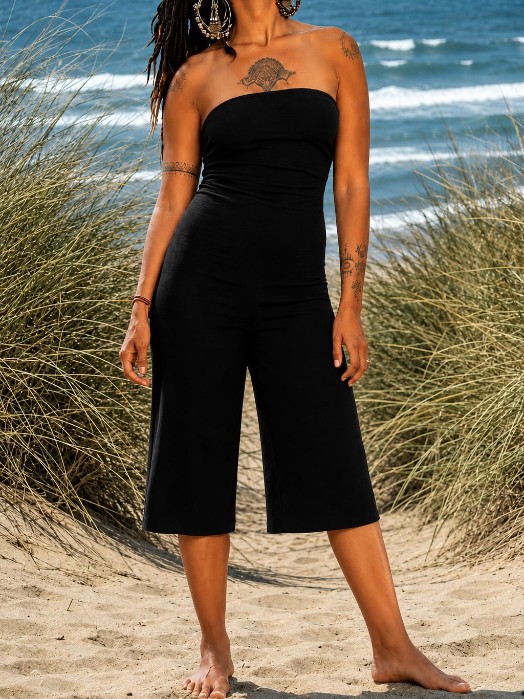 2-in-1 Wide-Leg-Cropped-Hose mit Umschlagbund (wandelbar zum Jumpsuit/Tube-Top)