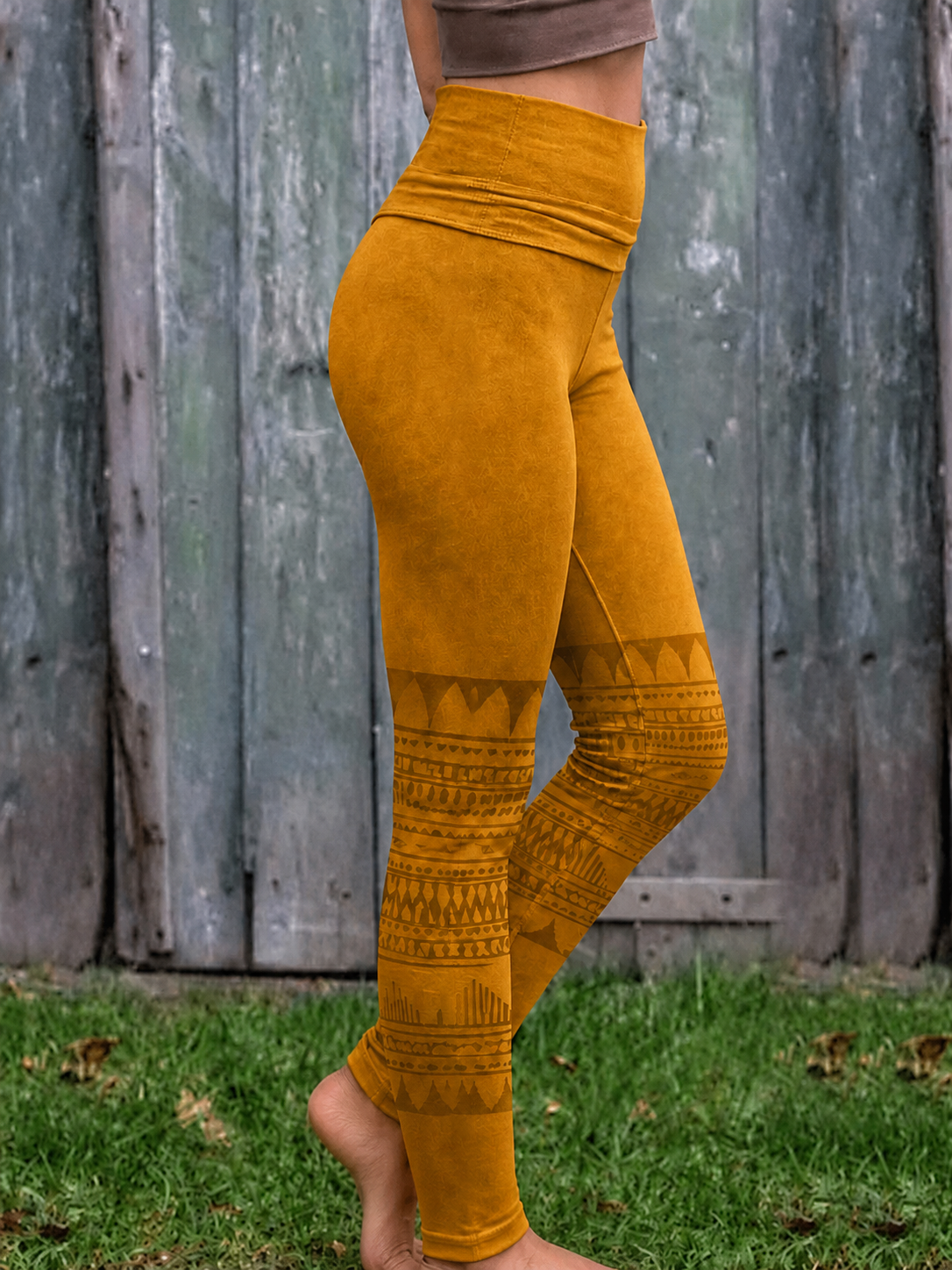 High-Waist Yoga-Leggings mit Tribal-Print und umschlagbarem Bund