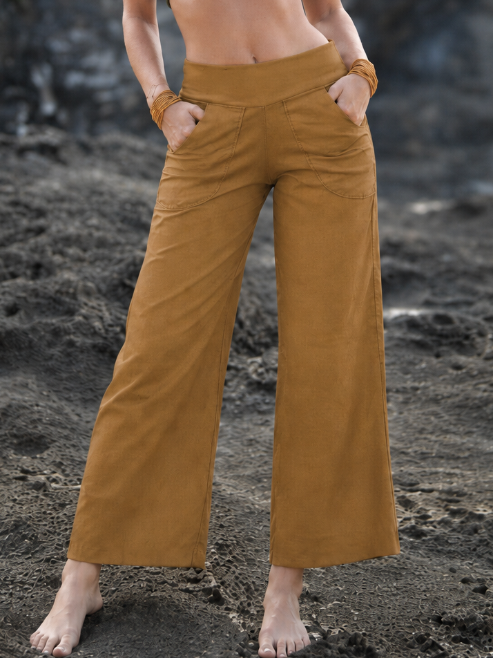 Karamellfarbene Cropped-Wide-Leg-Hose mit Raw-Edge-Saum und Taschen