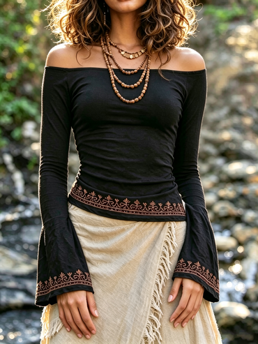 Vintage-Print Off-Shoulder-Top mit ausgestellten langen Ärmeln